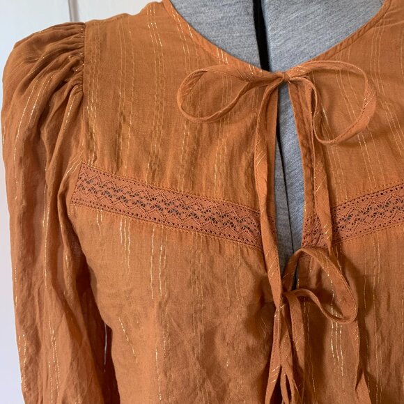 Burnt Orange Sz M Blouse Gold Lurex Lace Tie Front Boho Puff Sleeve Fall Autumn - Picture 3 of 6